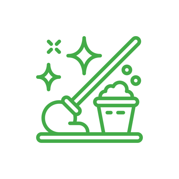 Green line icon of a mop and bucket with soap suds and sparkling stars, symbolizing the pristine results of a janitorial service, on a white background.