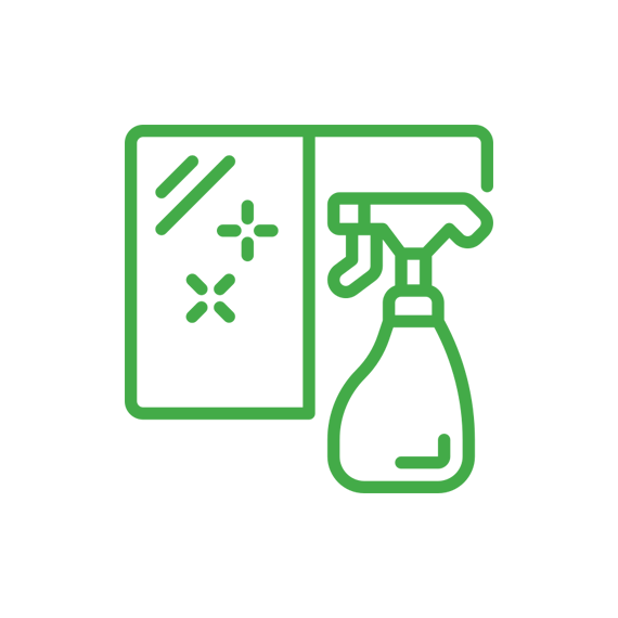 Green line icon of a spray bottle in front of a glass window or mirror, representing cleaning or janitorial service.